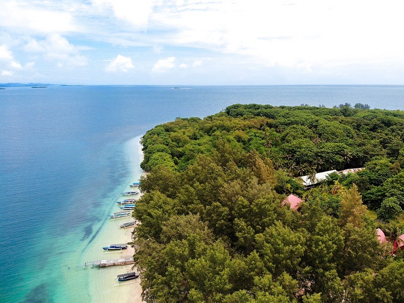 Winter sun destination - Lombok Beach Aerial View of trees and boats.